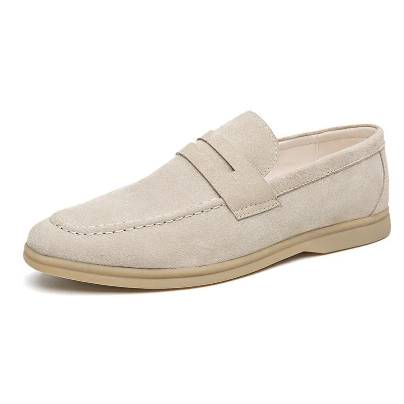 Men's leather slip-on casual shoes in black, beige or khaki with round toe and oversleeve design