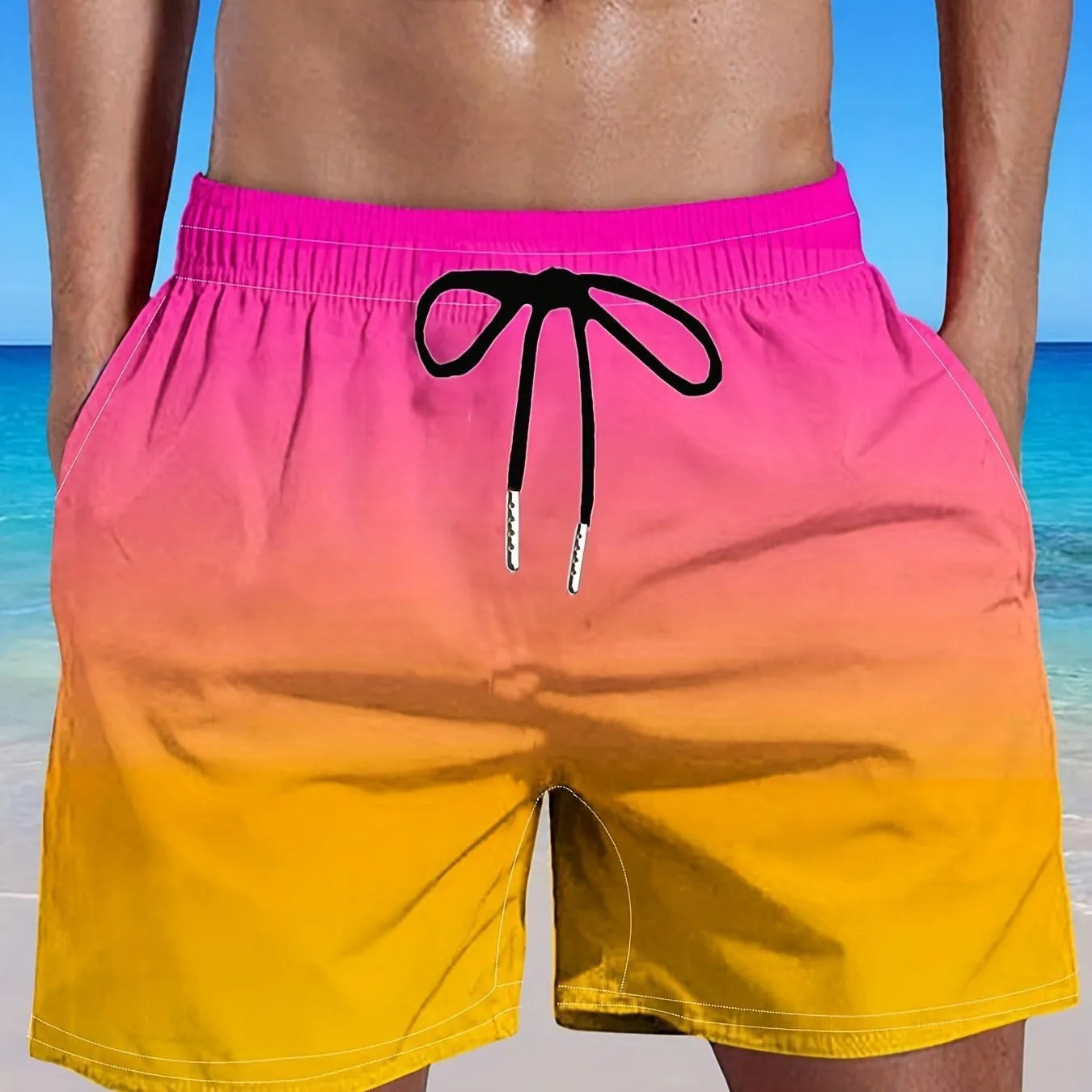 Men's grey gradient 3D digital print mesh sports shorts on a white background.