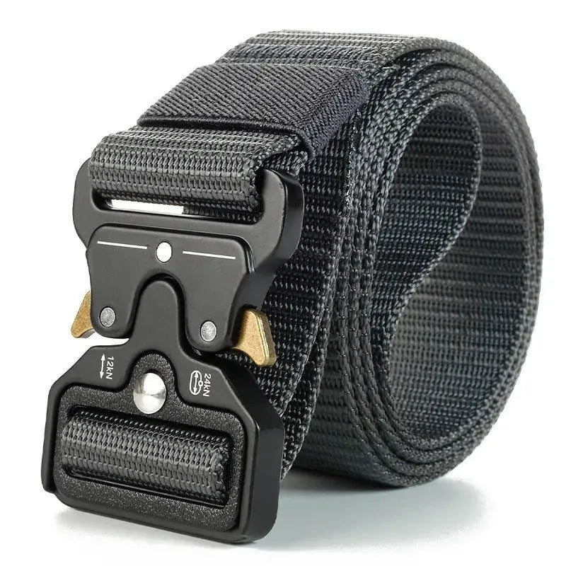 Men's thick canvas tactical belt with alloy release buckle in black colour, showing weaving flowers texture