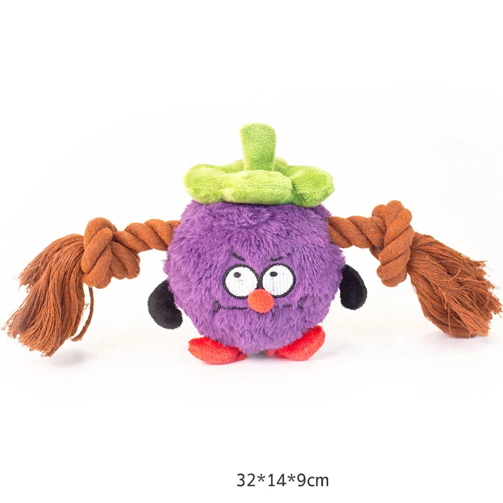 Green and purple interactive dog toy with plush rope knot design for tug of war games