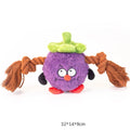 Green and purple interactive dog toy with plush rope knot design for tug of war games