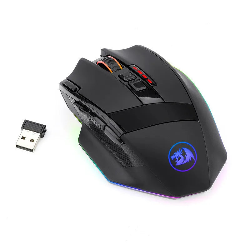 Black Redragon M801P wireless gaming mouse with multiple buttons on ergonomic right-handed design