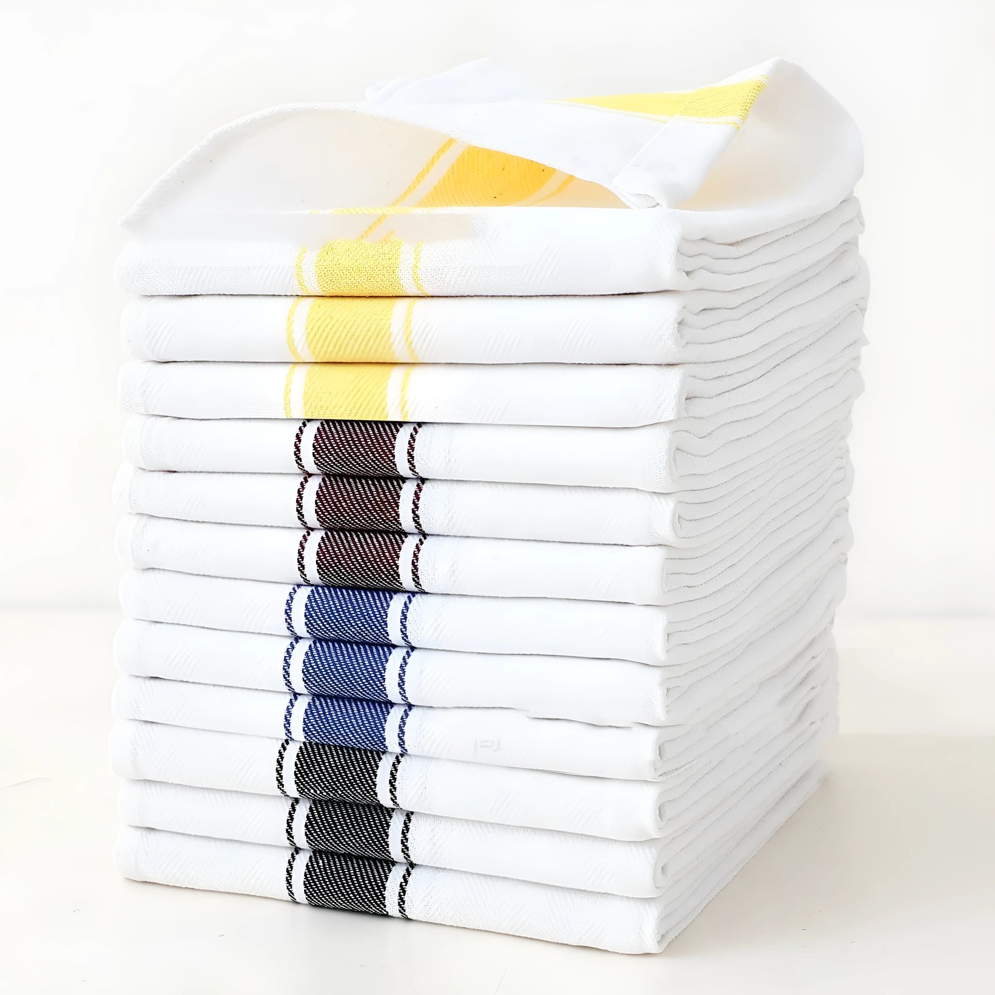 Cotton striped dishwashing towels measuring 48x70 cm in a 12-pack set showing colour variations