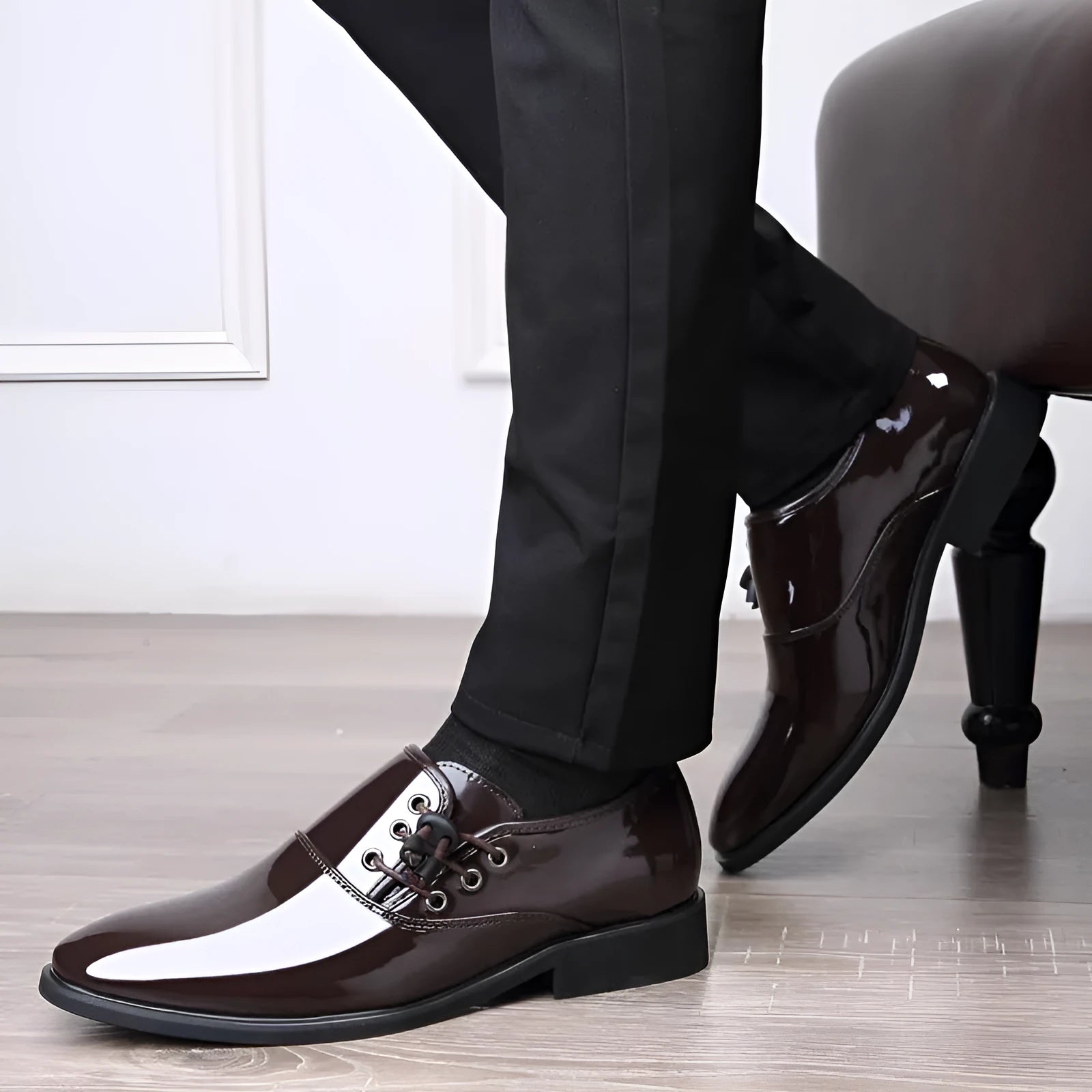 Men's black formal slip-on shoes with square heel and round toe