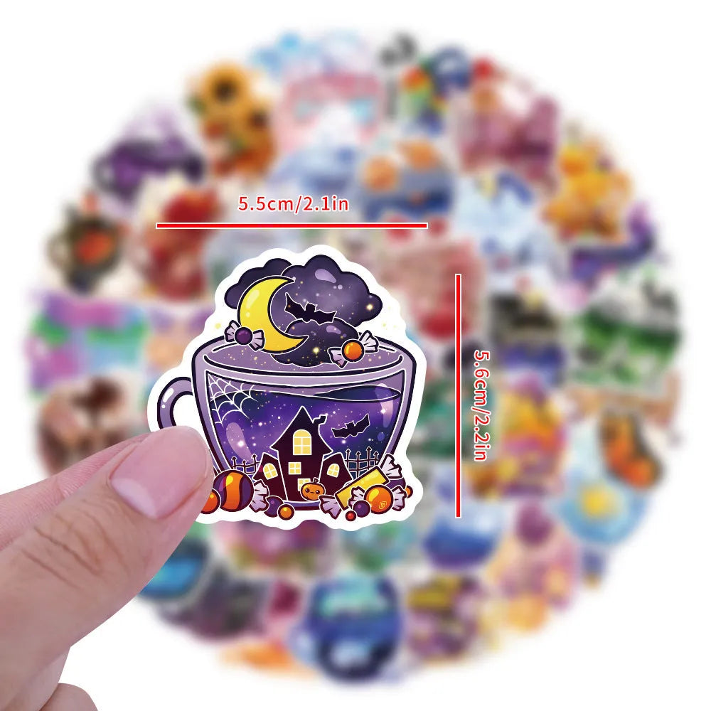 Colourful tea cup graffiti design waterproof stickers, 50-piece pack for scooter and luggage decoration.