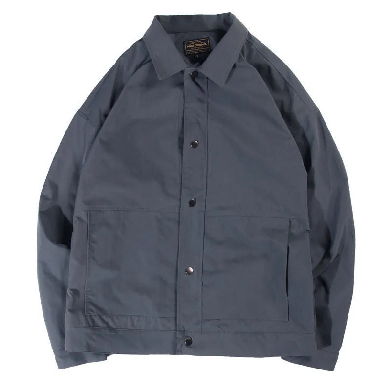 Men's thin single-layer Korean style jacket in charcoal grey on a hanger.