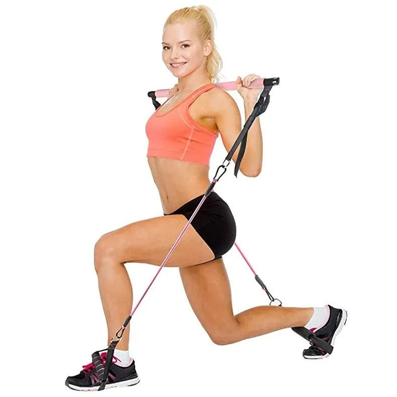 Women's 11-piece TPE resistance stick set in pink, purple, black with 60-180 lbs tension levels