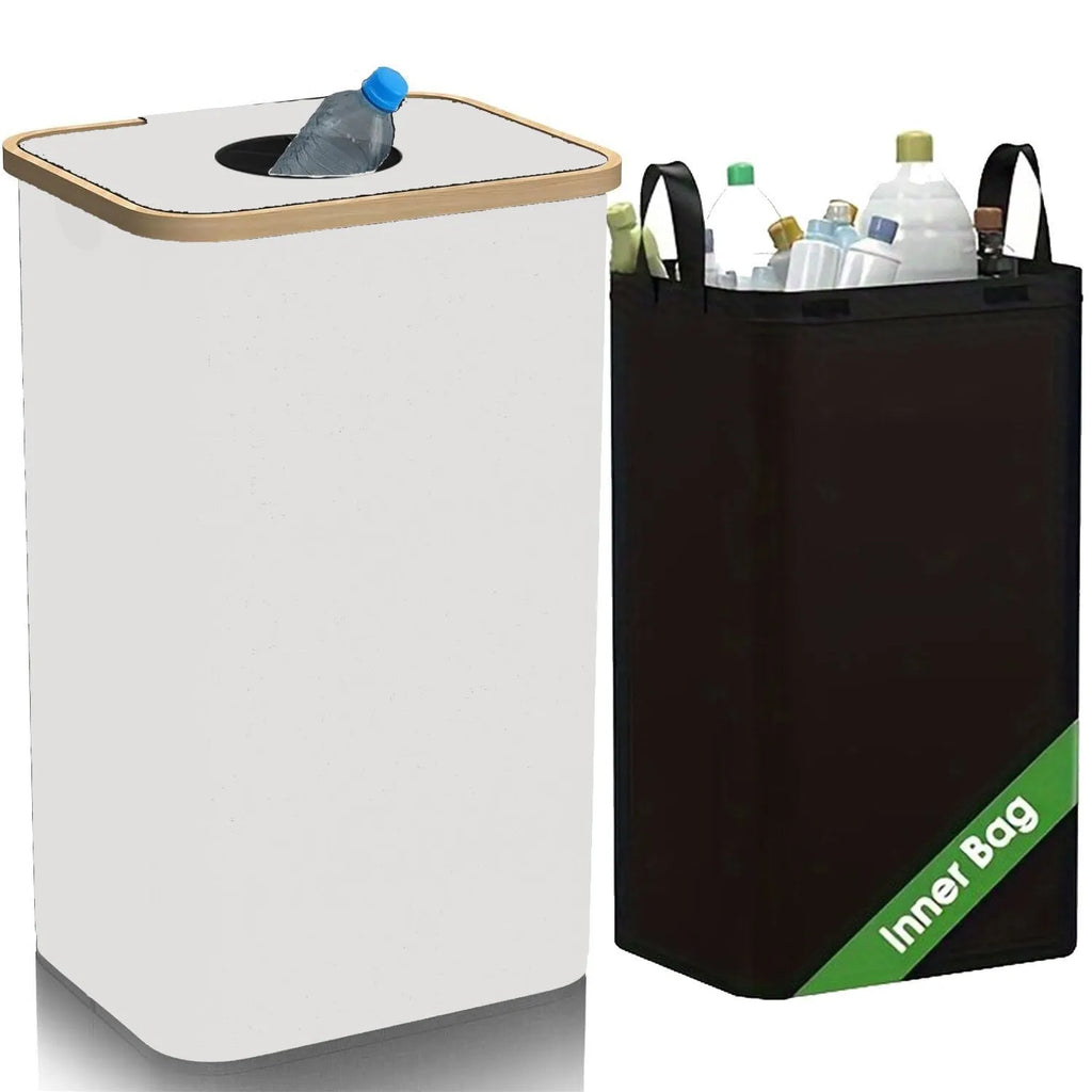 Black bamboo storage basket with removable lid and double inner pockets for laundry organisation