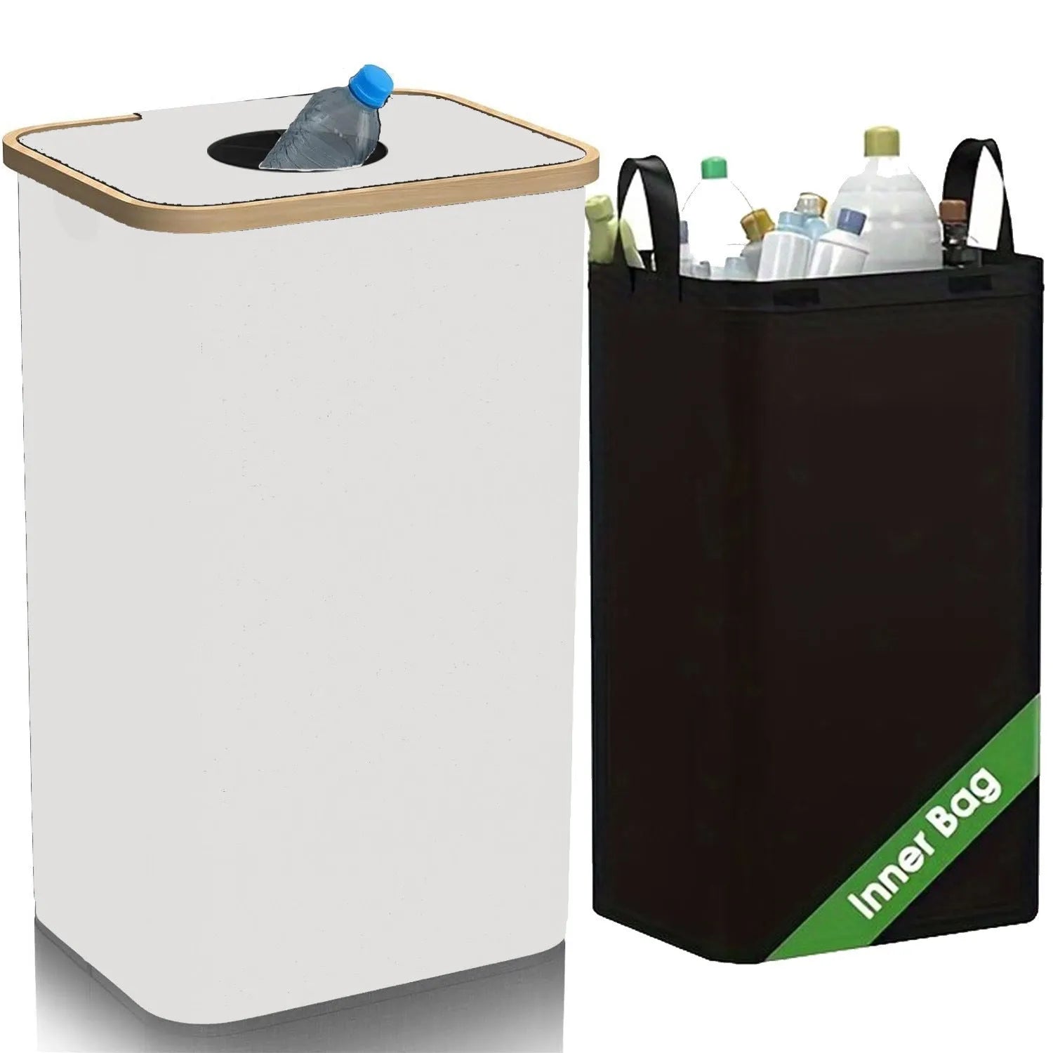 Black bamboo storage basket with removable lid and double inner pockets for laundry organisation