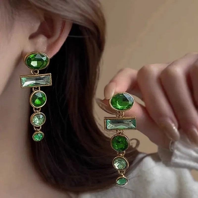 Green gradient geometric Chinese style earrings with tassel design and zircon decoration