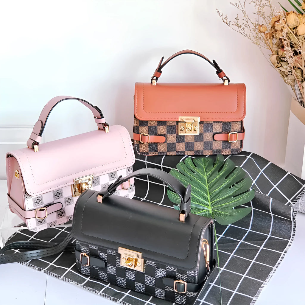Retro small square pattern ethnic crossbody bag in PU material with floral stitching details