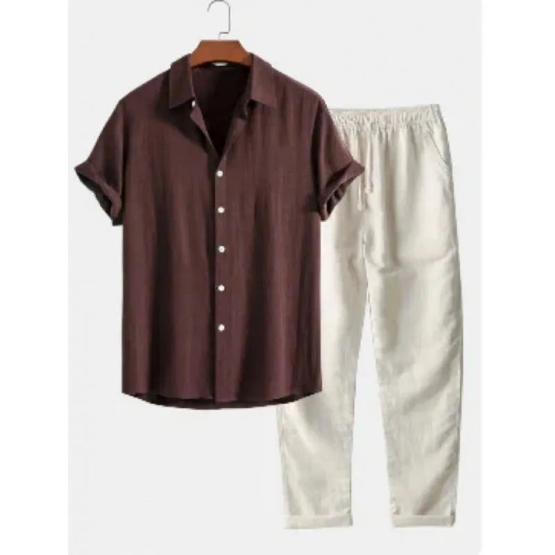 Men's casual linen-blend suit with short sleeve shirt and loose trousers in multiple colour options
