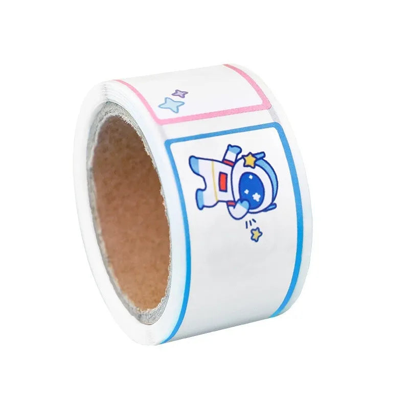 Roll of cartoon tape name stickers with dinosaur, astronaut, rabbit, or girl designs - 60 adhesive labels per roll