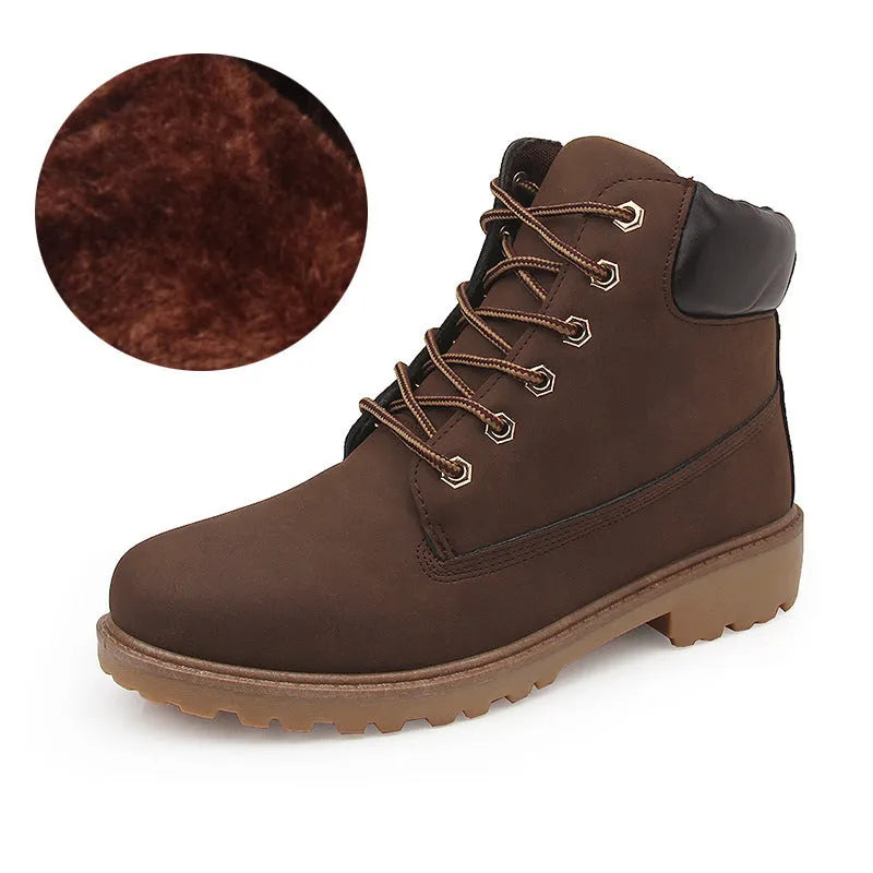 Men's pink high-top Martin boots with velvet lining, round toe, and front lace-up closure on a flat sole.