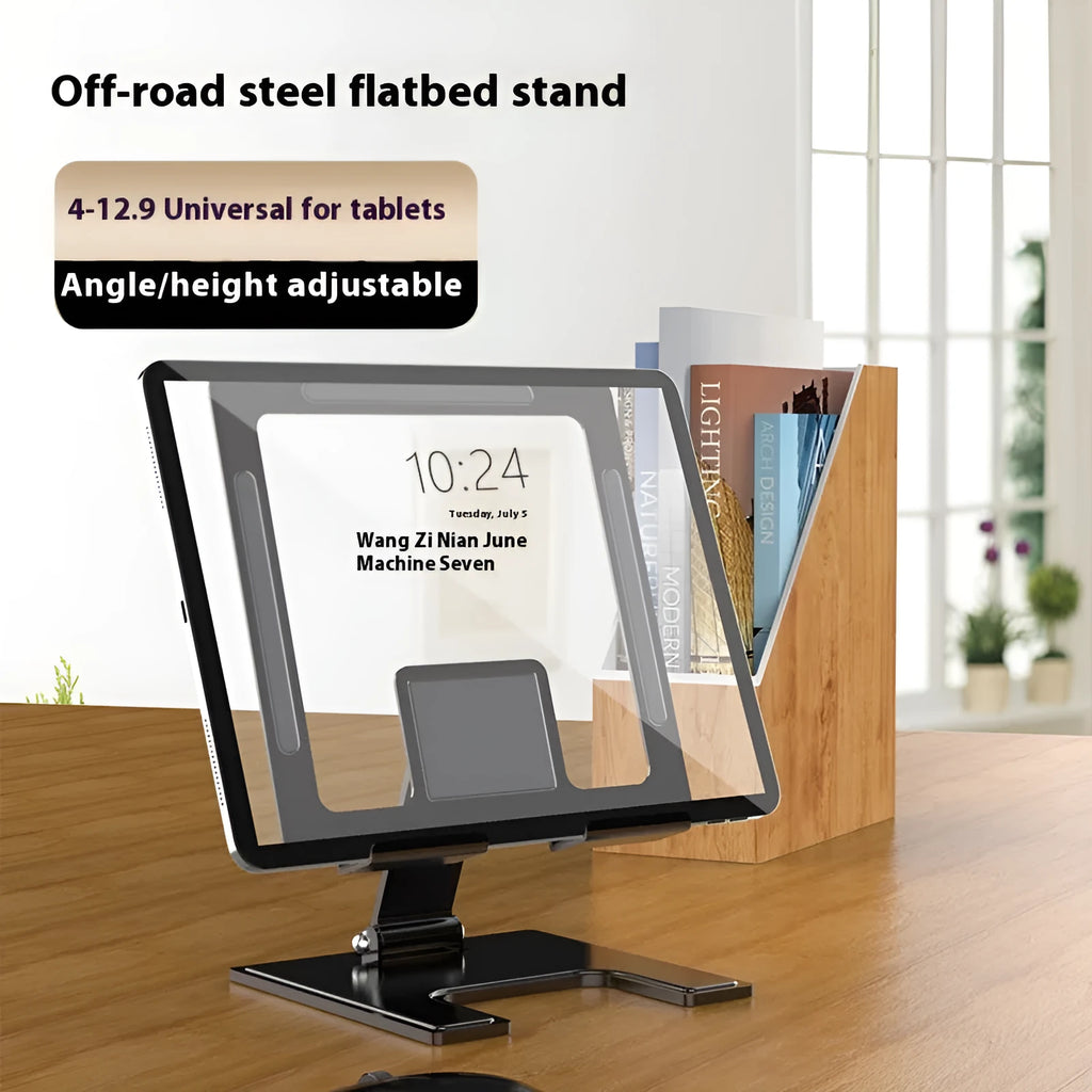 Flat desktop foldable rotating metal bracket for notebook in black alloy finish on desk