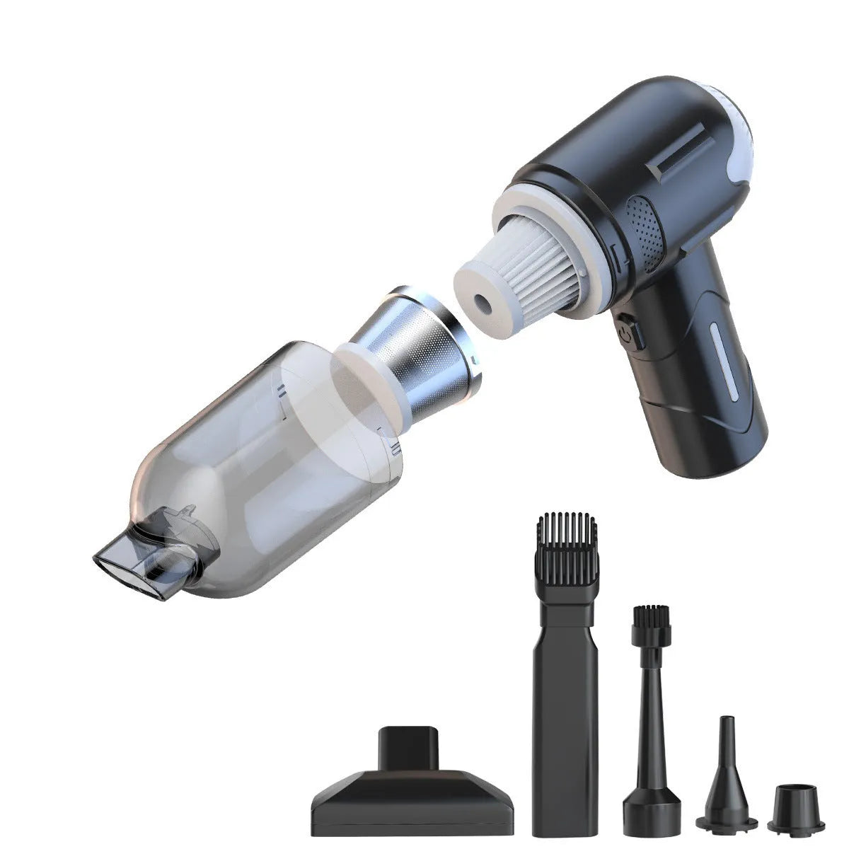 Handheld wireless pet hair vacuum cleaner with brush attachment and charging cable