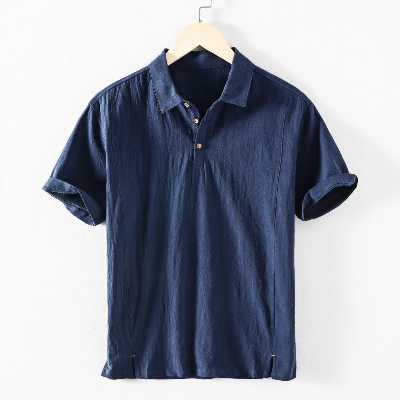Men's loose fit linen cotton blend casual shirt in solid colours on a hanger.