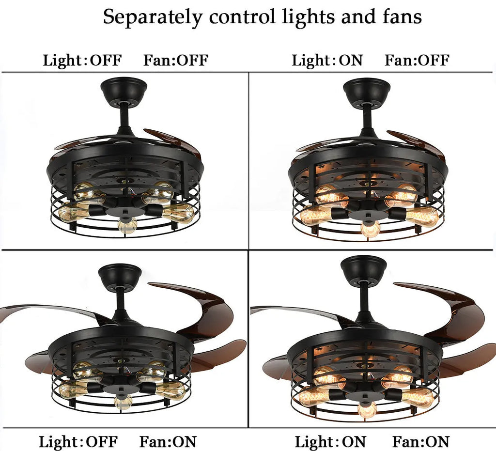 Industrial retro ceiling fan lamp with integrated light and acrylic blades, remote control included.