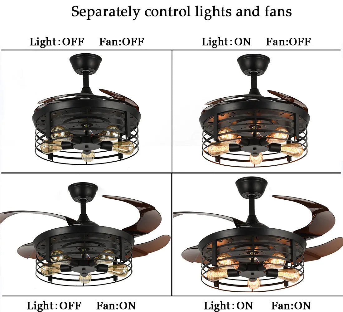 Industrial retro ceiling fan lamp with integrated light and acrylic blades, remote control included.