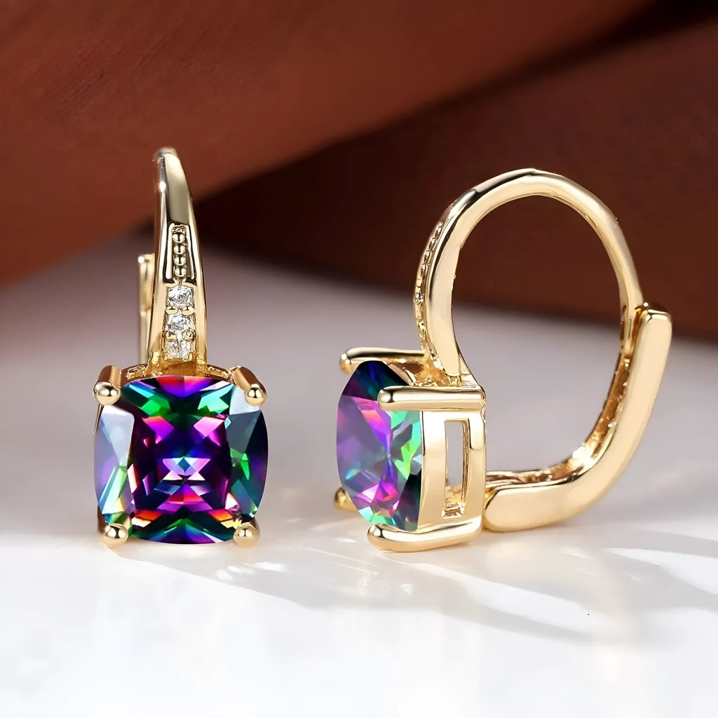 Square geometric ear clip with colourful moissanite inlay on an electroplated copper base.
