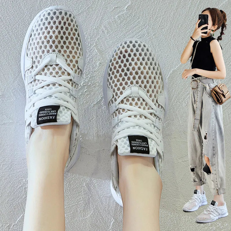 Breathable hollow out mesh sneakers in black and white colour options showing mesh upper construction