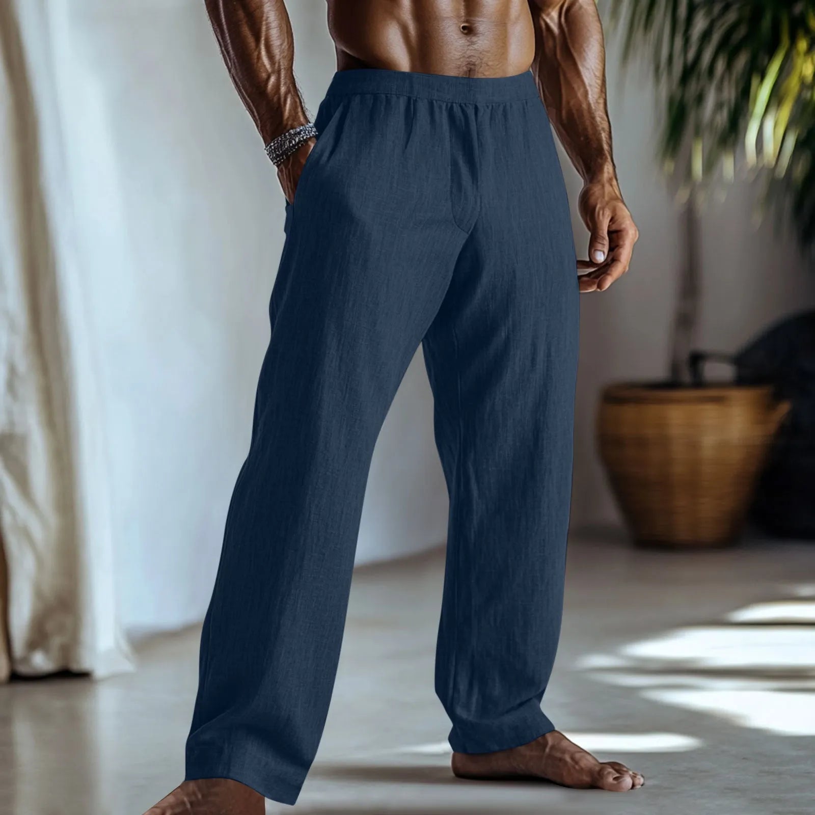 Men's straight leg cotton linen trousers in light green with side pockets and British casual styling