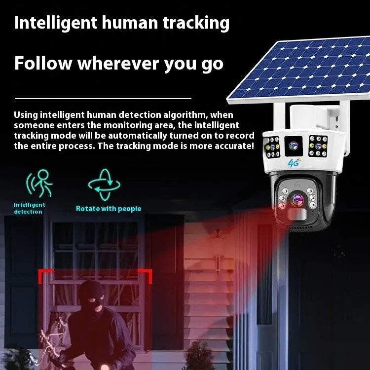 Solar-powered outdoor surveillance camera with three-screen display and waterproof housing