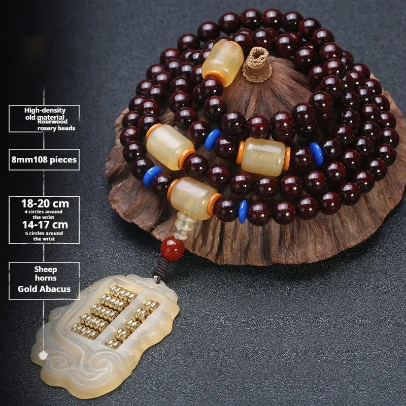 Men's traditional rosewood bracelet with 108 beads, showing lapis lazuli and turquoise accent styles.