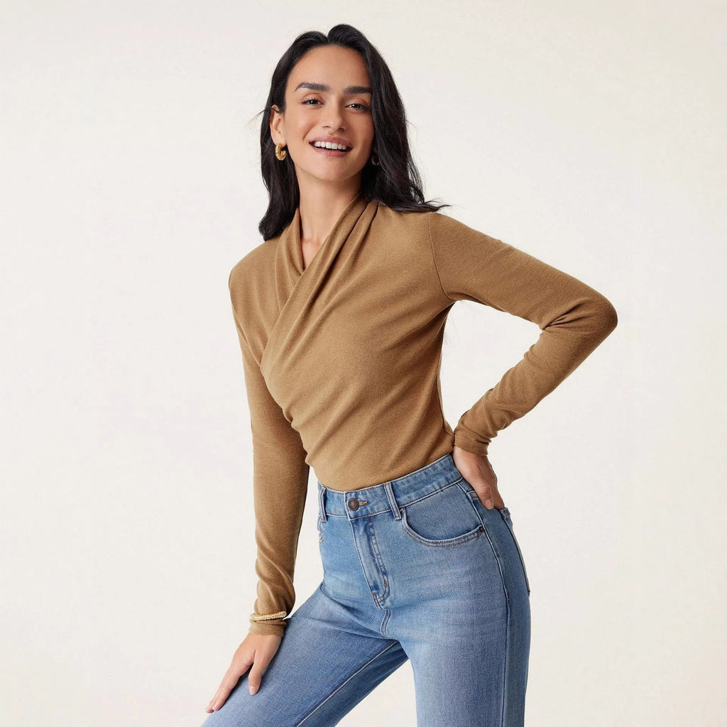Women's camel colour slim fit pullover sweater with long sleeves
