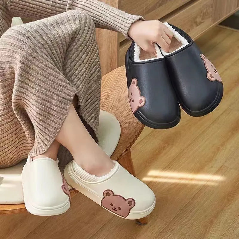 Bear fluffy slippers winter house shoes for women, unisex PVC sole, white colour