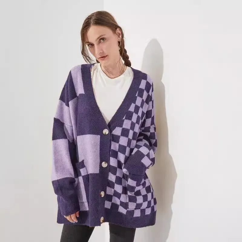 Printed checks knitwear cardigan in loose slim fit showing six colour options