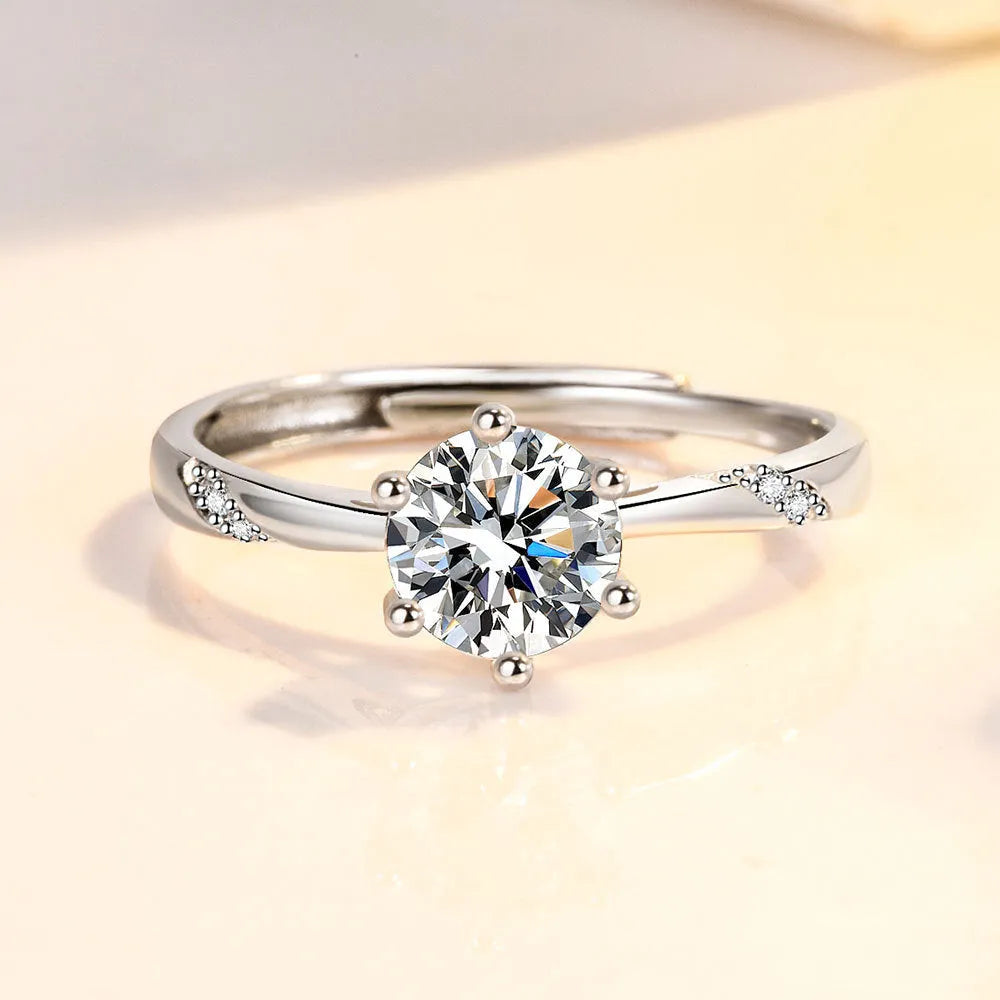 S925 sterling silver diamond-studded ring with adjustable opening, 1 karat accent, white gold colour