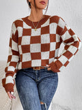 Dark brown plaid pattern acrylic pullover sweater with long sleeves and a round neck