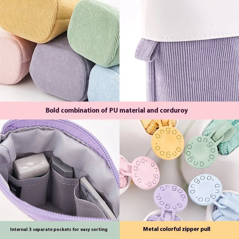 Corduroy stationery case with telescopic drop-down design in six colour options