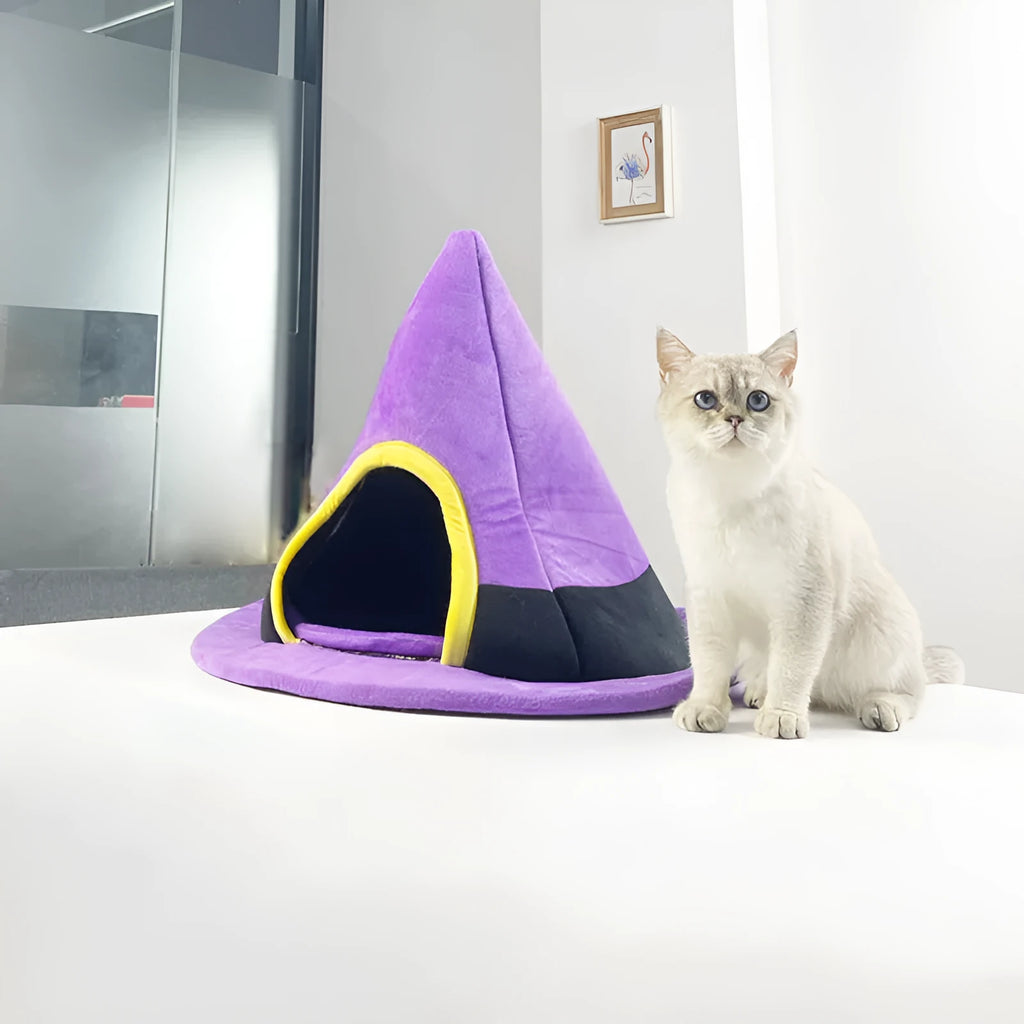 Purple Halloween witch hat shaped cat bed measuring 60x45cm