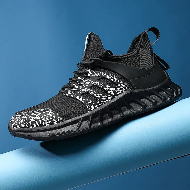 Flying woven mesh sneakers black side view showing lightweight plush upper and rubber sole