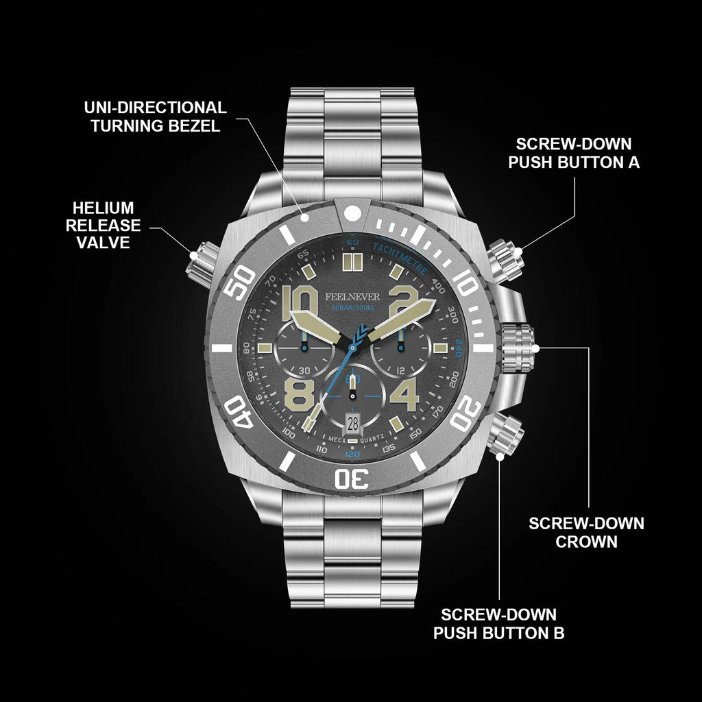 Business men's mechanical watch with luminous dial and steel belt in silver blue colour