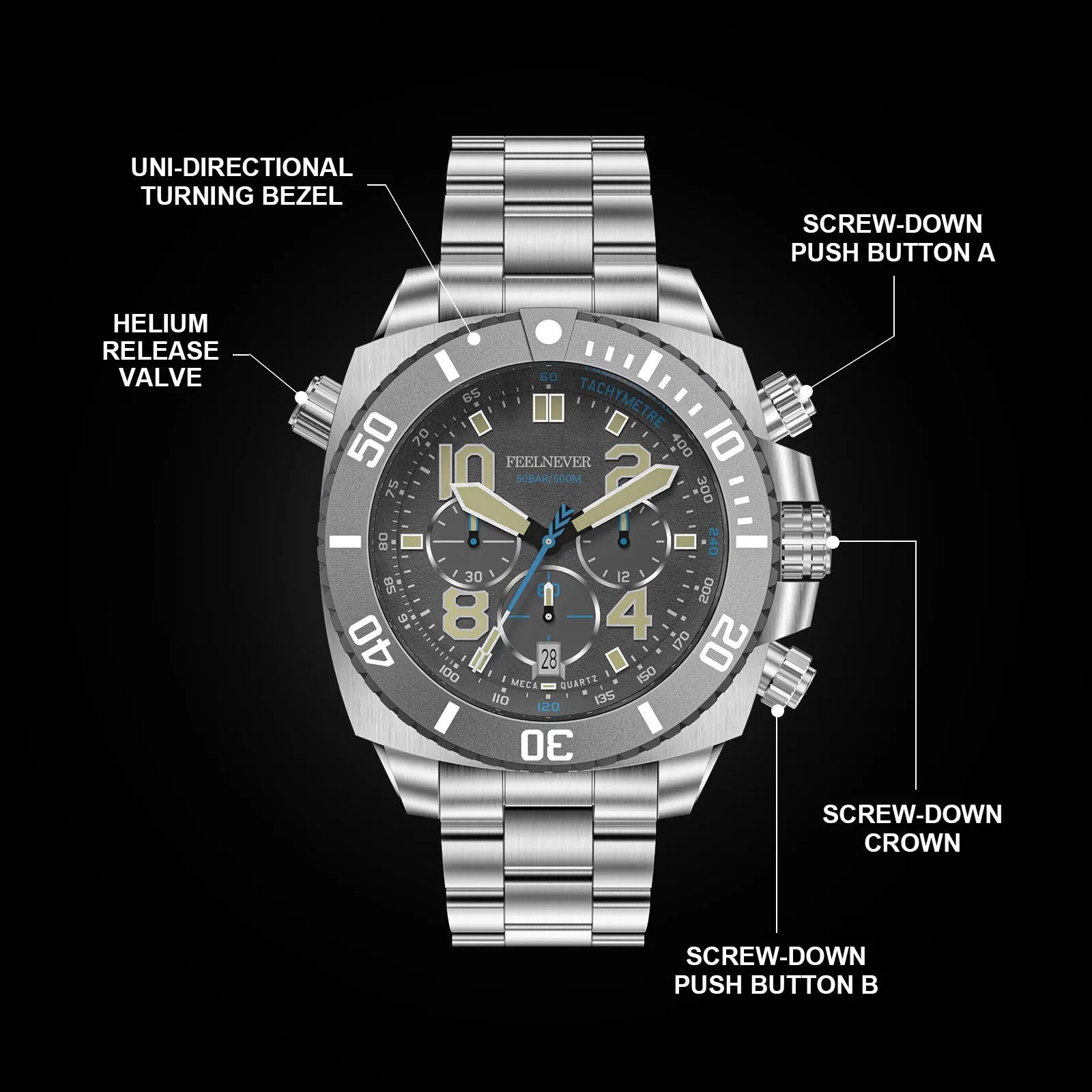 Business men's mechanical watch with luminous dial and steel belt in silver blue colour