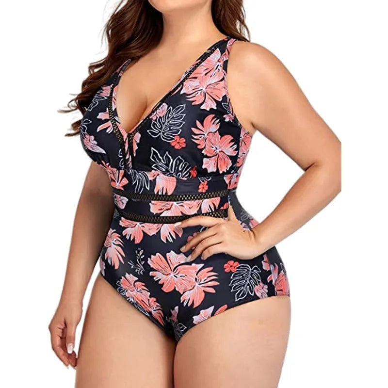 Black plus size women's bikini swimsuit with Siamese pattern print and mesh fabric stitching detail.