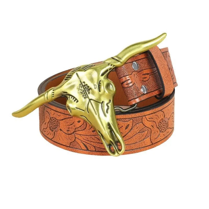 Men's brown imitation leather belt with a detailed metal cow head buckle and pin clasp.