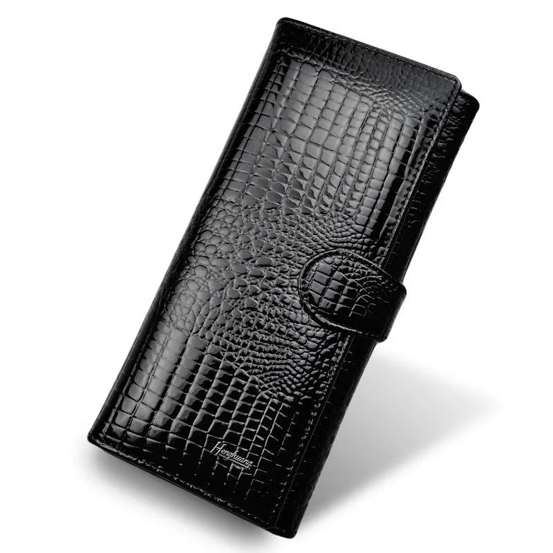 Women's genuine leather coin purse with crocodile pattern detailing in red, wine red, and black colour options