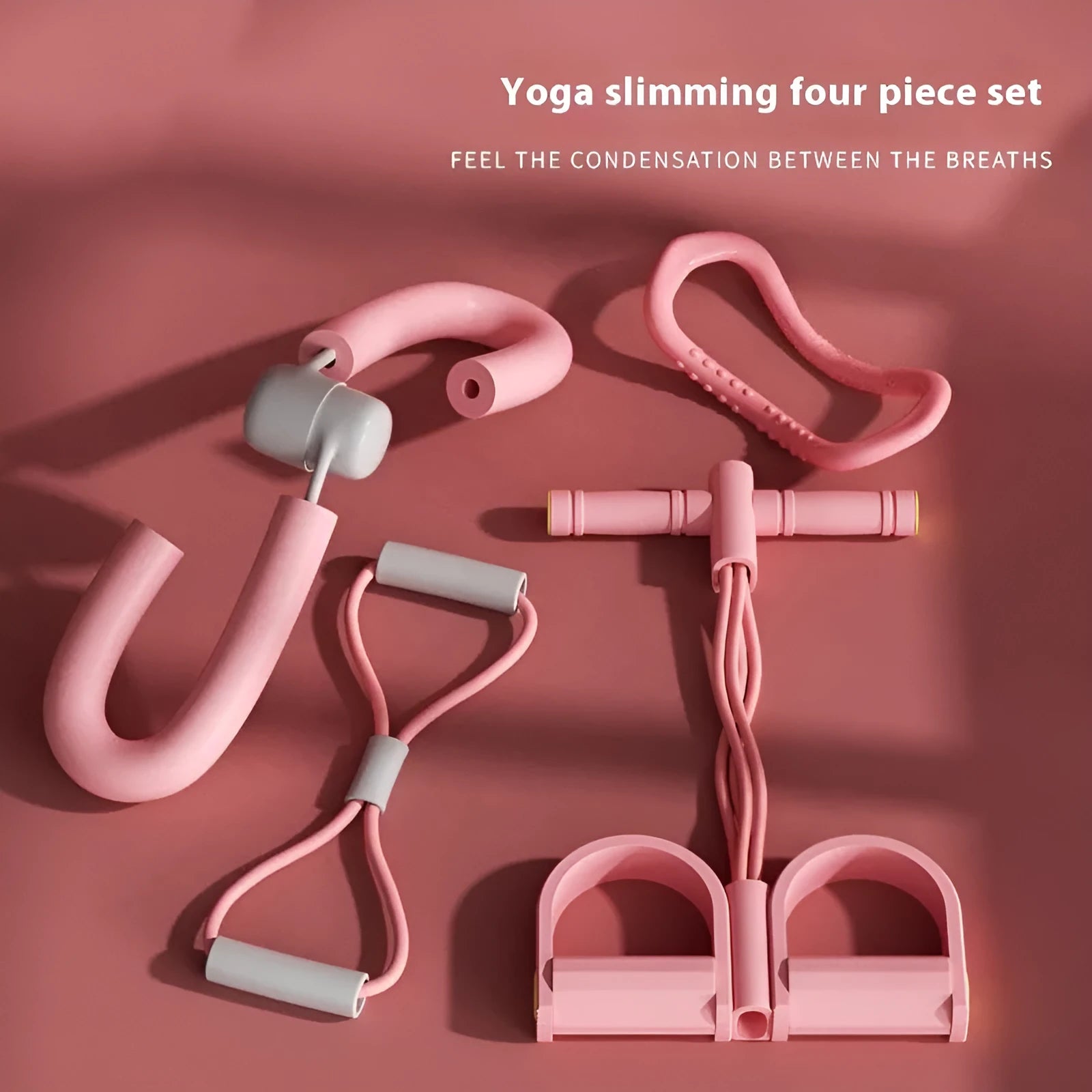 Yoga four piece fitness set showing leg stretcher, pedal puller, yoga ring, and tension rope.