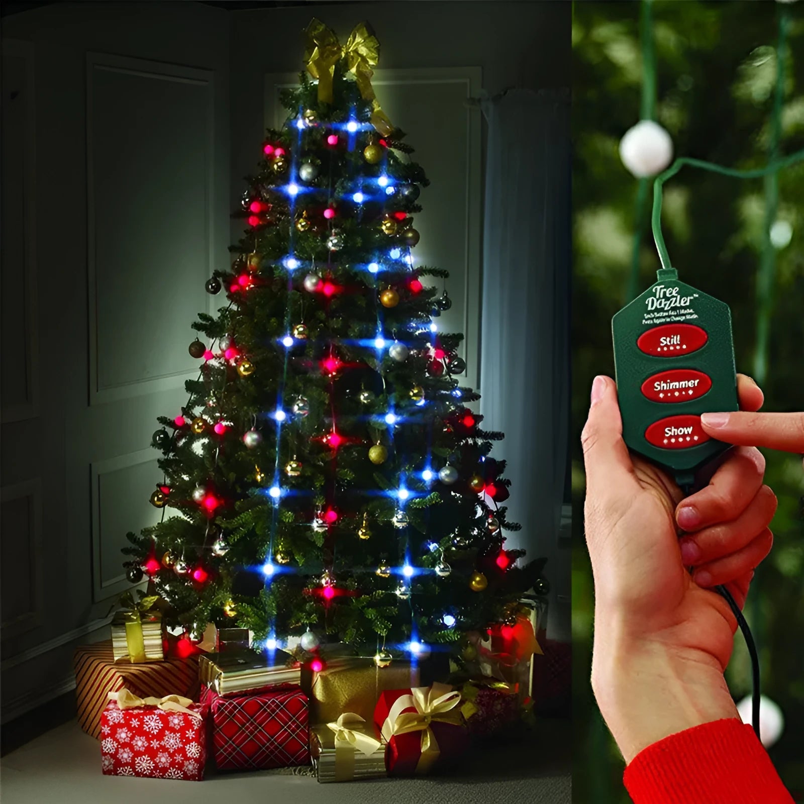 64 LED dazzler shower tree light string on a Christmas tree showing cascading lights with IP44 outdoor rating