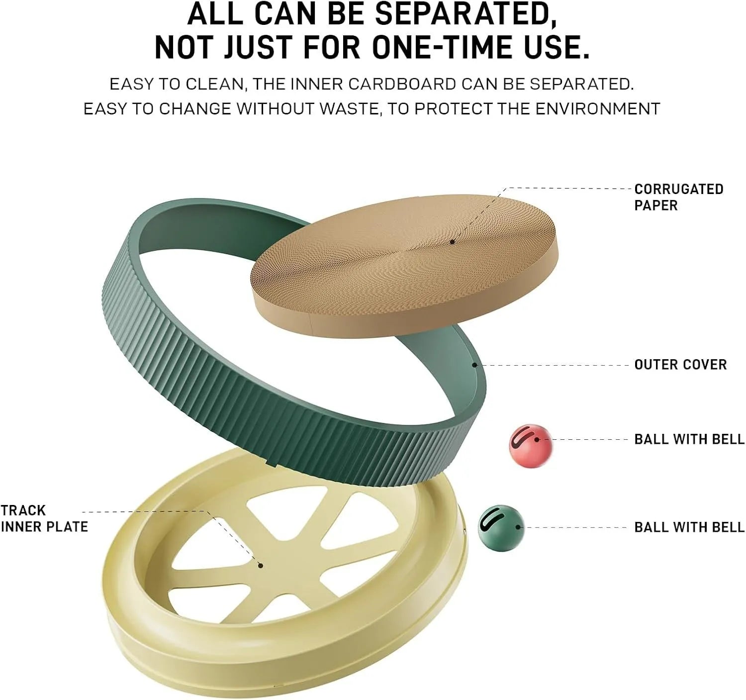 Large circular green cat scratching board with ball toys and replaceable cardboard core