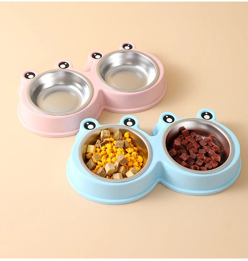 Frog-shaped double pet bowl with stainless steel interior for food and water, in blue