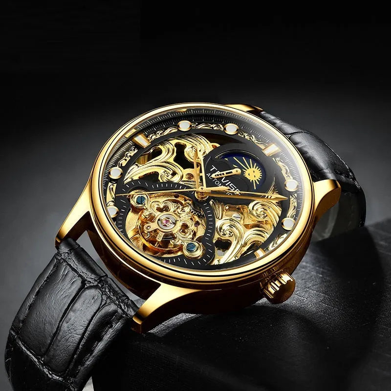 Men's gold and white leather strap automatic waterproof business watch showing 16mm thickness