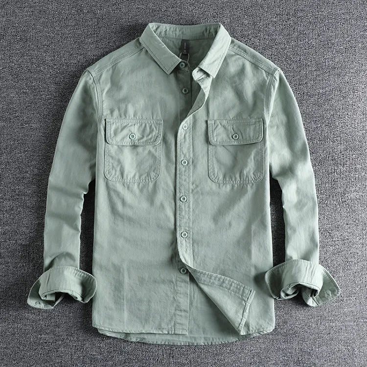Men's loose cardigan-style long sleeve shirt in light grey, black, khaki or green colours