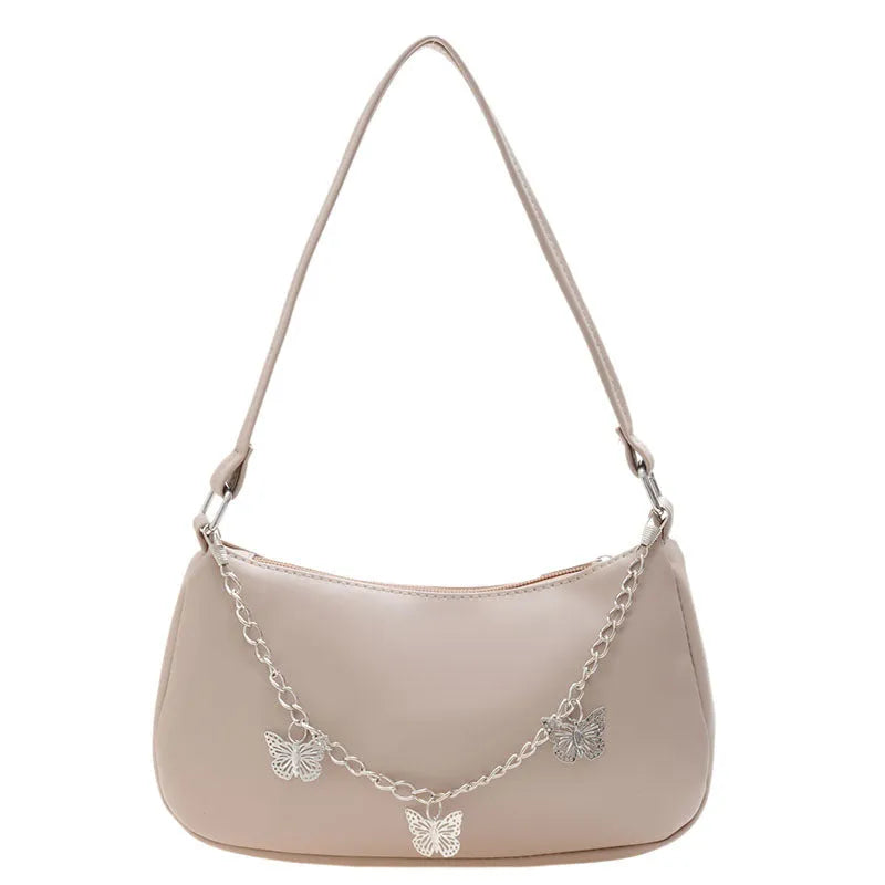 A structured square women's chain underarm bag in PU leather, shown in black, white, khaki, and light blue colour options.