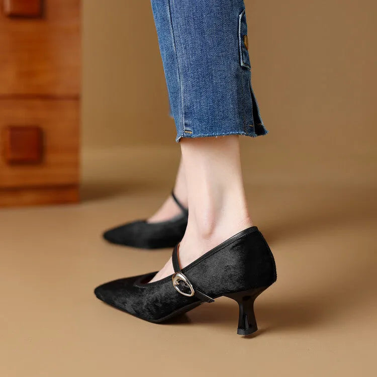Women's black square toe stiletto ankle-strap heels with a horse hair upper and buckle closure.