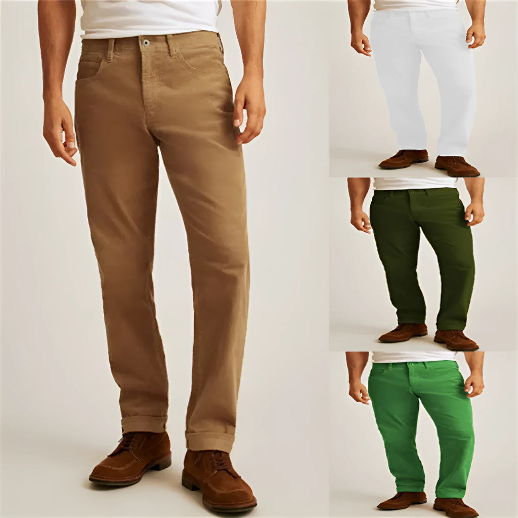 Corduroy straight-leg trousers in army green colour with mid-waist design and zip fly closure